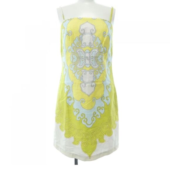 Tori Richard Sage moss Yellow white Pattern square neckline mini Shift Dress - Picture 4 of 5